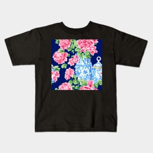 Roses in chinoiserie jar on navy blue background Kids T-Shirt